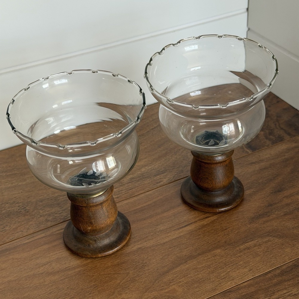 VTG Etched Glass Wheat Hurricane Candle Holders Wood Cottagecore Prairie Rustic